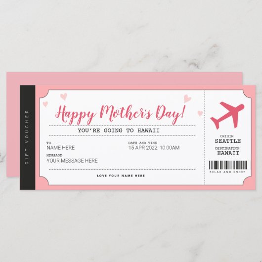 母の日旅行搭乗券のギフト証明書 (正面/裏面)
