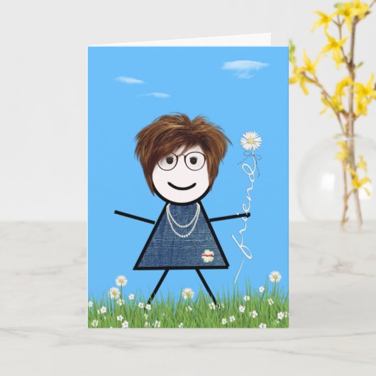 母の日棒の女の子とデイジー友人 カード (黄色い花)