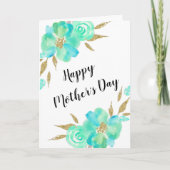 母の日金ゴールドティール（緑がかった色）ブルーフローラカスタムデザイン カード (正面)