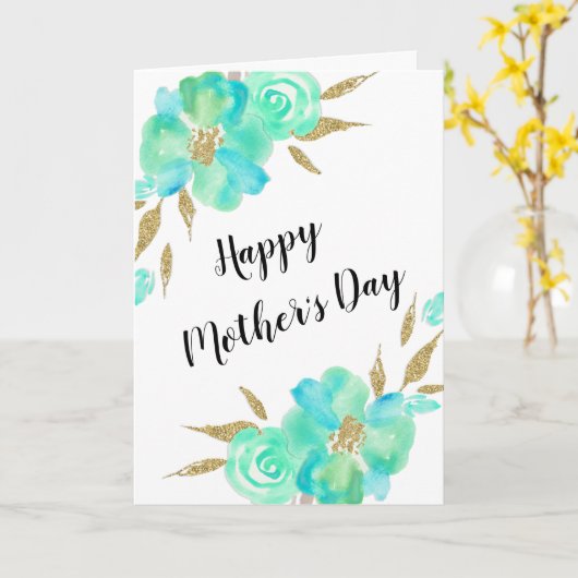 母の日金ゴールドティール（緑がかった色）ブルーフローラカスタムデザイン カード (黄色い花)