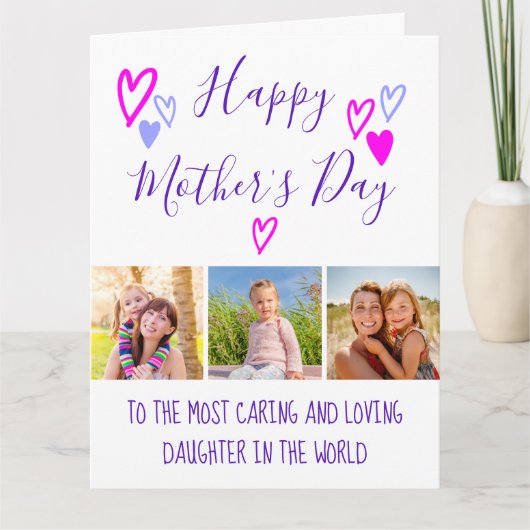 母の日3フォトお洒落ハートタイポグラフィC カード (正面)