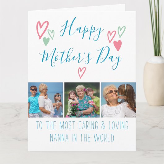 母の日3写真かわいいハートとタイポグラフィ カード (正面)