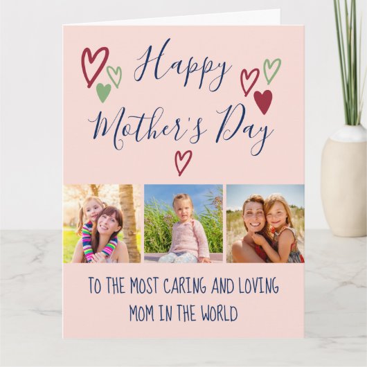 母の日3写真ハートお洒落タイポグラフィ カード (正面)