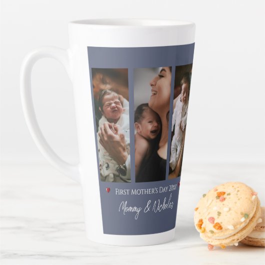 母の日3枚フォトコラージブルー カフェラテマグ (インサイチュ)