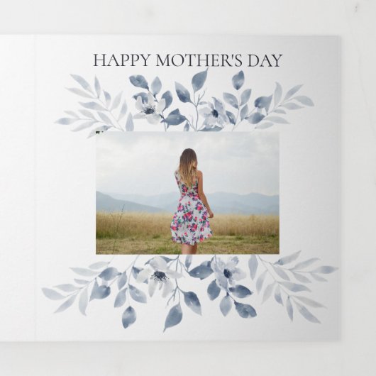 母の日4フォトトリフォールドカードブルーフローラ 三つ折りクリスマスカード (カバー)