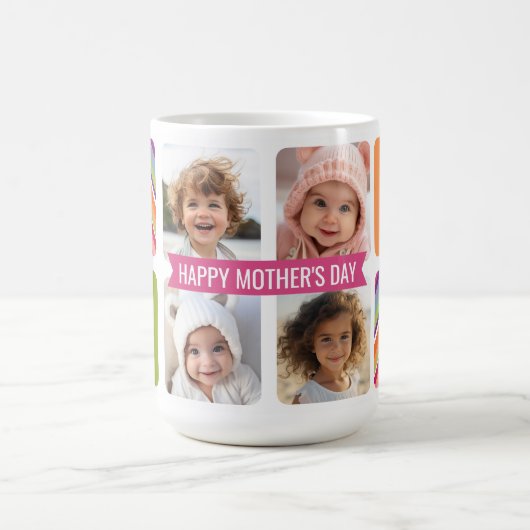 母の日4写真コラージピンクグリーンシェブロン コーヒーマグカップ (中央)