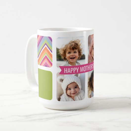 母の日4写真コラージピンクグリーンシェブロン コーヒーマグカップ (正面左)