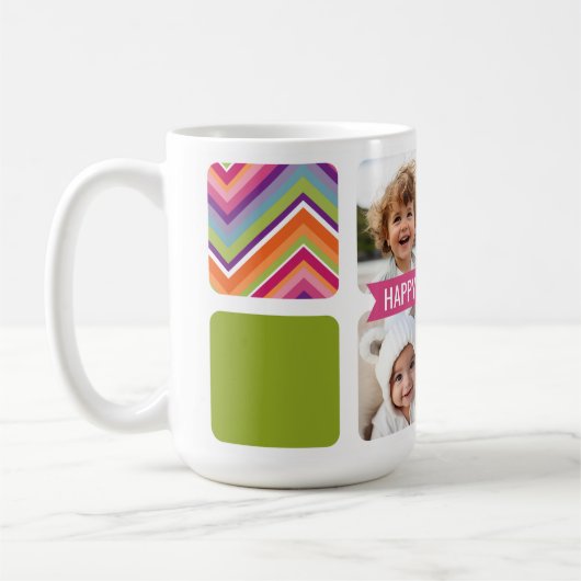 母の日4写真コラージピンクグリーンシェブロン コーヒーマグカップ (左)
