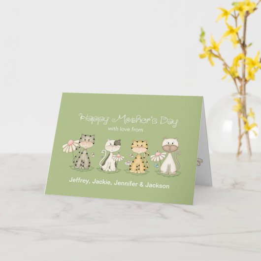 母の日4匹の猫たち – 名前をカスタムする カード (黄色い花)