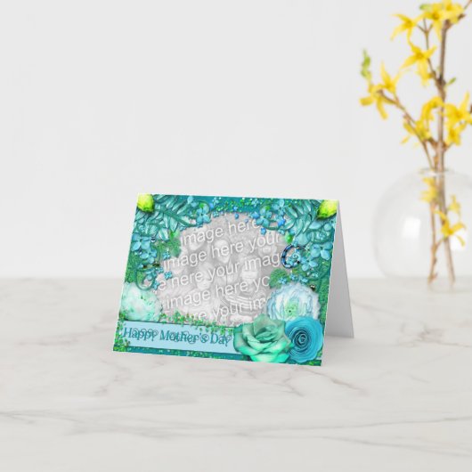 母の日-あなたの写真を加えて下さい-青いファンタジー カード (黄色い花)