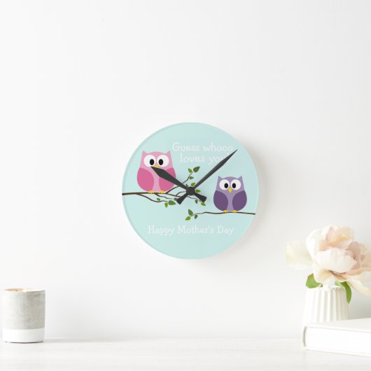 母の日-かわいいフクロウ ラウンド壁時計 (ホーム)