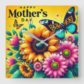 母の日：ひまわり、蝶、喜び スクエア壁時計 (正面)