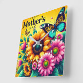 母の日：ひまわり、蝶、喜び スクエア壁時計 (傾斜)