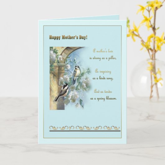 母の日，アンティークの柱，バラと《鳥》アメリカゴガラ カード (黄色い花)