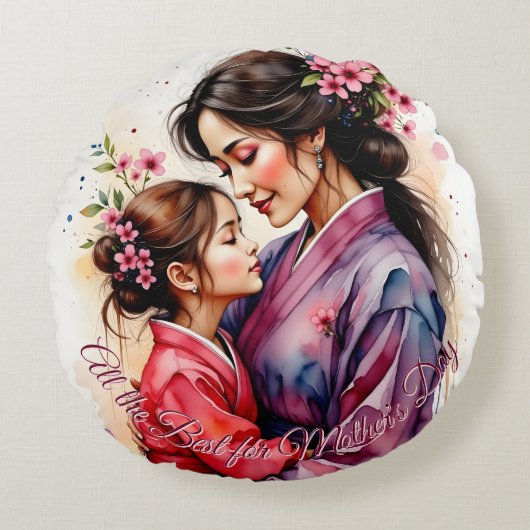 母の日 キモノアート 花柄の抱擁 ラウンドクッション (正面)