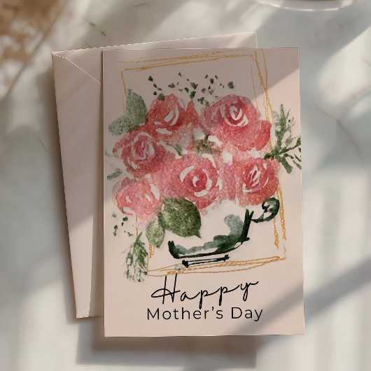 母の日 ティーカップに咲くバラの水彩画 Rustic Watercolor Roses in a T カード