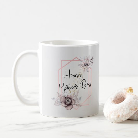 母の日 ピンクとグレイの花と写真 コーヒーマグカップ (ドーナツ)