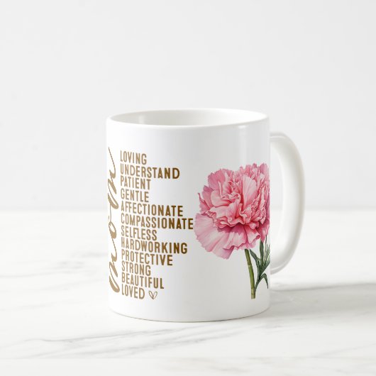 母の日 ピンクのカーネーション 花 母のためのギフト コーヒーマグカップ (正面右)