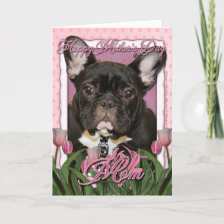 母の日 – ピンクのチューリップフランスの- Bulldog -ティール(緑がかった色) カード