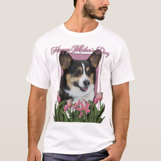 母の日-ピンクのチューリップ-コーギー Tシャツ (正面)