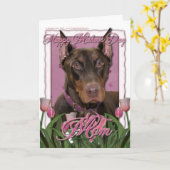 母の日-ピンクのチューリップ-ドーベルマン犬-赤岩が多い カード (黄色い花)