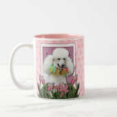 母の日-ピンクのチューリップ-プードル-白 ツートーンマグカップ (左)