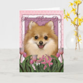 母の日-ピンクのチューリップ-ポメラニア犬 カード (黄色い花)