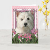 母の日 – ピンクのチューリップ – 西ハイランドテリア カード (黄色い花)