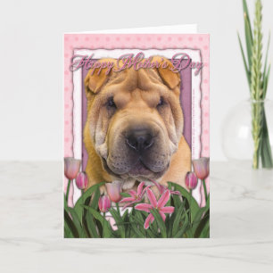 母の日 – ピンクチューリップ中国の- Shar Pei カード