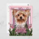 母の日 – ピンクチューリップ – Yorkshire Terrier ポストカード (正面/裏面)