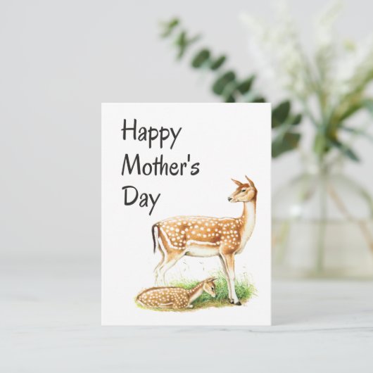 母の日、ヴィンテージ鹿ママとベビー ポストカード (スタンド正面)