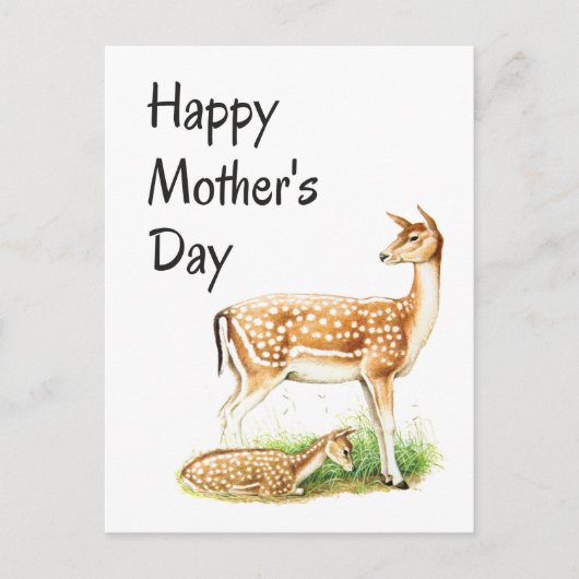 母の日、ヴィンテージ鹿ママとベビー ポストカード (正面)