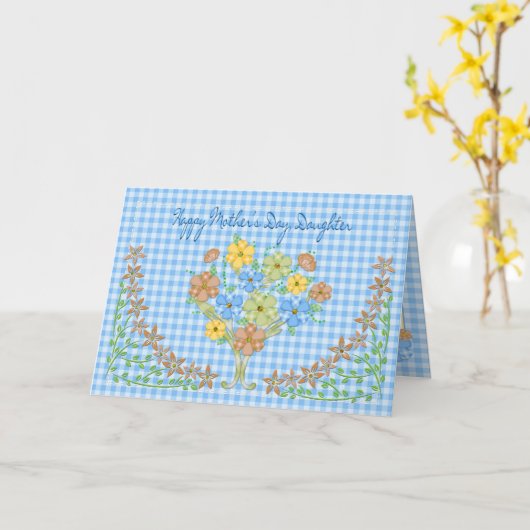 母の日 – 娘 – BLUE GINGHAM/FLOWERS カード (黄色い花)
