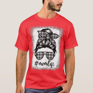 母の生活の漂白Messy Bunブラック&ホワイトプレイドモ Tシャツ