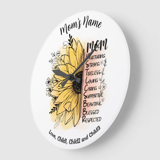 母の言葉ダリアフラワーカスタマイズ可能な子供の名前 ラージ壁時計 (傾斜)