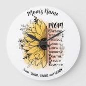 母の言葉ダリアフラワーカスタマイズ可能な子供の名前 ラージ壁時計 (正面)