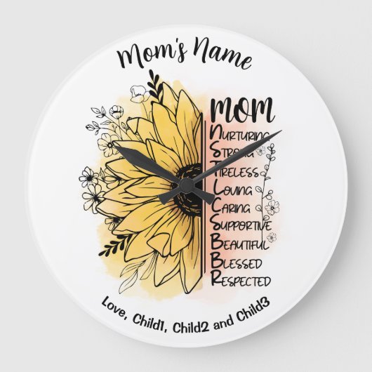 母の言葉ダリアフラワーカスタマイズ可能な子供の名前 ラージ壁時計 (正面)