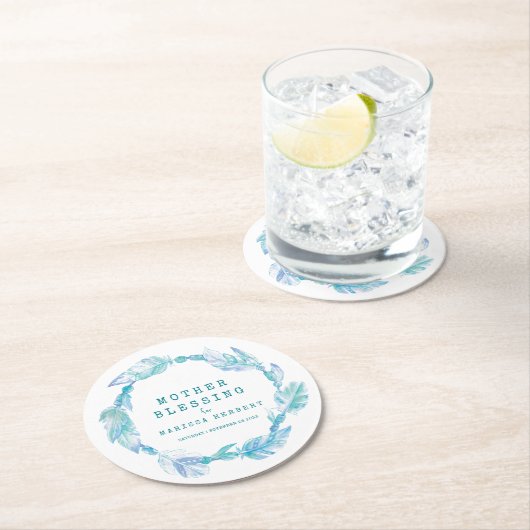 母の賛美ビーズ羽毛ボホティール(緑がかった色)アクア ラウンドペーパーコースター (インサイチュ)