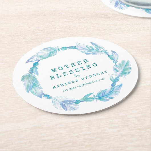 母の賛美ビーズ羽毛ボホティール（緑がかった色）アクア ラウンドペーパーコースター (アングル)