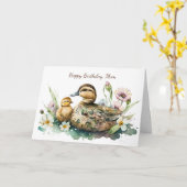 母の鴨とアヒルの子の誕生日 カード (黄色い花)