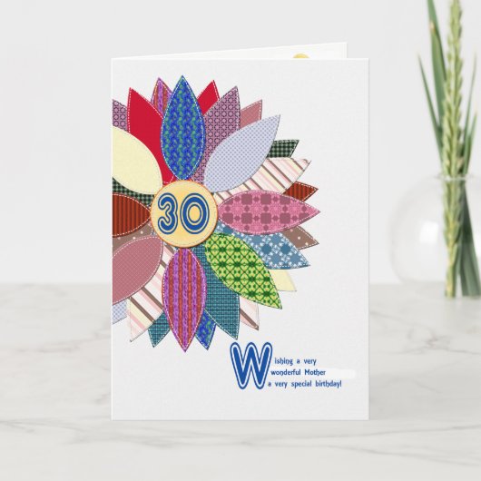 母の30歳の誕生日、ステッチされた花 カード (正面)