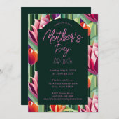 母はっきりしたモダンの日チューリップグリーンピンクブランチ 招待状 (正面/裏面)