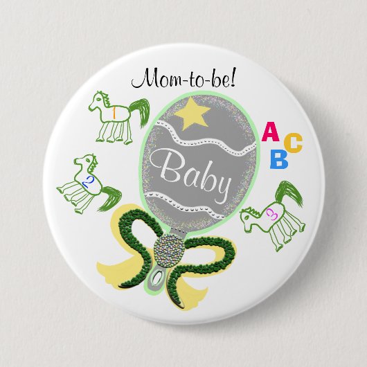 母は黄色の星の馬のガラガラ赤ちゃんシャワーになる 缶バッジ (正面)