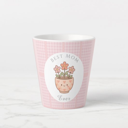 母へのギフト、最高の母、ピンクチェック カフェラテマグ (正面)