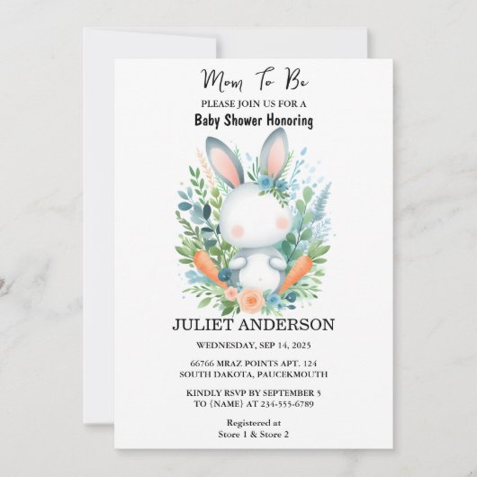 母をイヤホップブルーピンクバニーベビーシャワーにする 招待状 (正面)