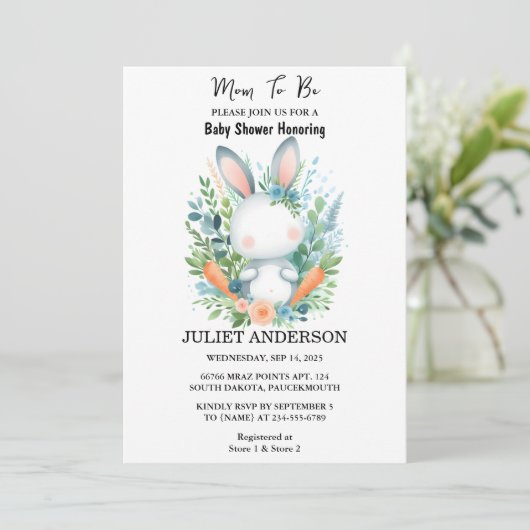 母をイヤホップブルーピンクバニーベビーシャワーにする 招待状 (スタンド正面)