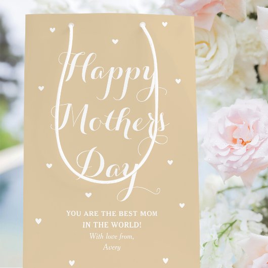 母エレガントの日の名パーソナライズされた前の淡い色の金ゴールド ミディアムペーパーバッグ