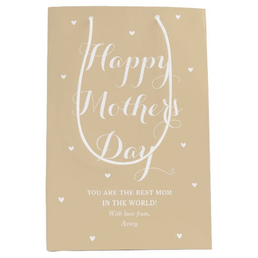 母エレガントの日の名パーソナライズされた前の淡い色の金ゴールド ミディアムペーパーバッグ (正面)