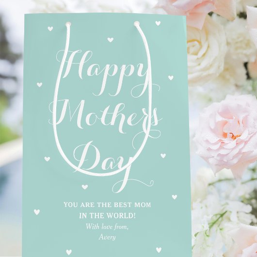 母エレガントの日の名ミントパーソナライズされたグリーン ミディアムペーパーバッグ