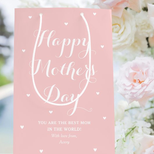 母エレガントの日の名前パーソナライズされたピンク ミディアムペーパーバッグ